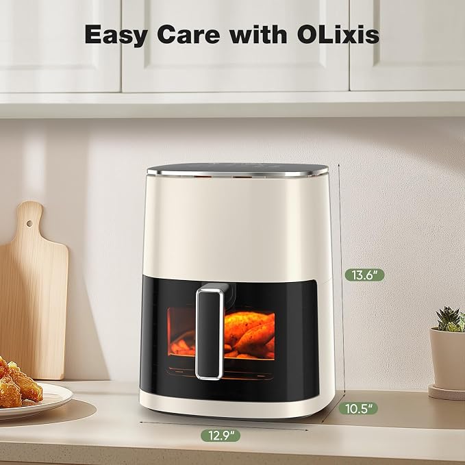 OLIXIS 12-in-1 Air Fryer 6.34 Quarts, Visable Airfryer with Window, 400°F, Roast, Reheat, Dehydrate, Bake, Steam, Fries, Custard, Chicken, Wings, Sea Food, Vegetabels, Pearl White