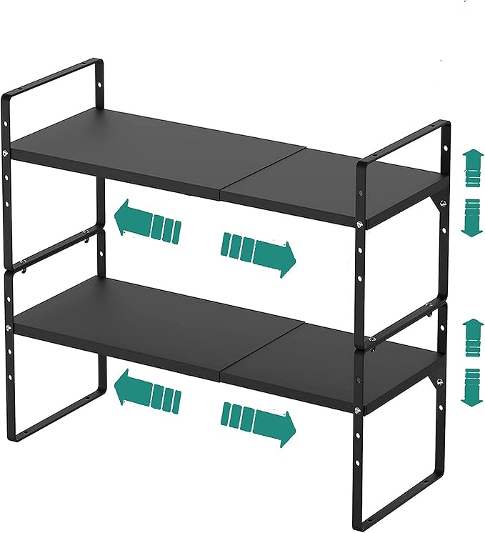 SUZLON Expandable Cabinet Shelf Organizer Rack, Stackable Kitchen Counter Storage Shelves Stand, Adjustable Height Pantry Shelf Spice Rack, Heavy Duty Nonslip Black Small 2Pack