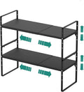 SUZLON Expandable Cabinet Shelf Organizer Rack, Stackable Kitchen Counter Storage Shelves Stand, Adjustable Height Pantry Shelf Spice Rack, Heavy Duty Nonslip Black Small 2Pack