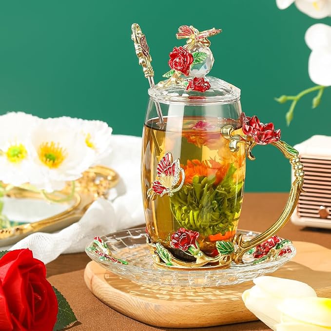 Crystal Tea Cup Coffee Mug with Lid Saucer Spoon Birthday Christmas Gift for Women Friends Female Grandma Mum Sister Home Decoration(Short Red)