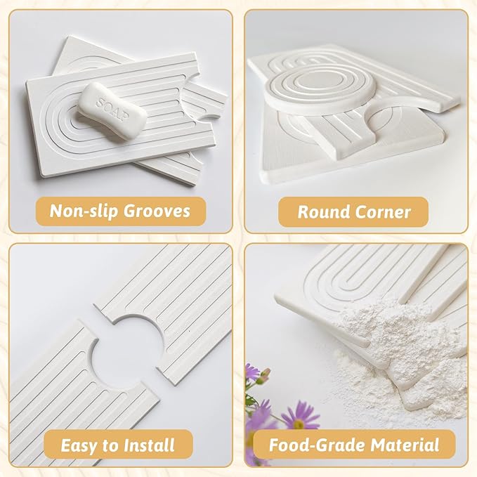 Faucet Mat for Kitchen Sink with Sandpaper, Diatomaceous Earth Faucet Splash Guard, Fast Drying Sink Protector Stone, Water Absorbing Stone Mat for Bathroom Sink Counter, Gift for Mother's Day, White