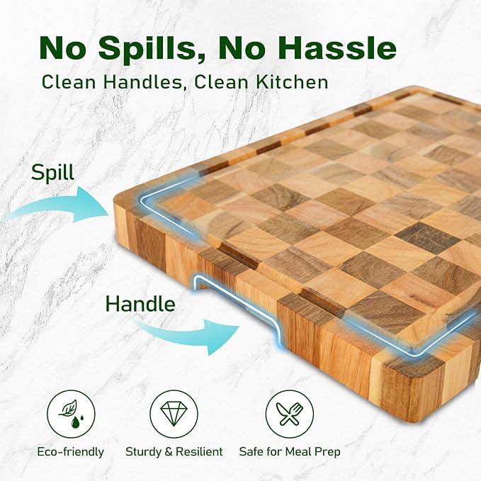 Acacia Wood Cutting Boards for Kitchen, Checkered Chopping Board with Juice Grooves & Handles, Large Butcher Block Serving Tray with Non‑Slip Feet, 17" x 11.8" x 1.5"