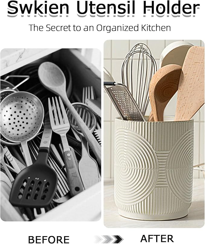 Utensil Holder, 7.2" Kitchen Utensil Holder for Counter, 2-in-1 Ceramic Cooking Utensils Holders with Spoon Rest, Utensil Crock for Spatula, Ideal Housewarming Gift (Beige)