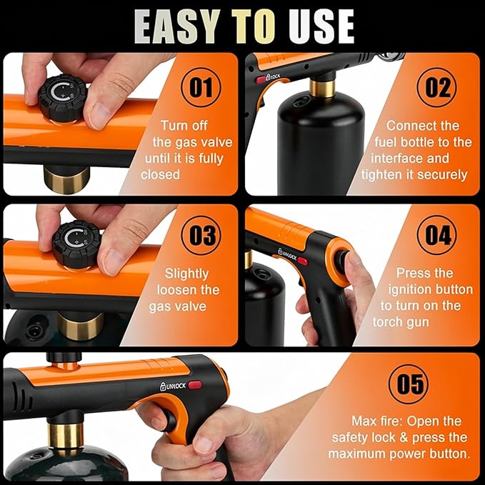 Propane Torch Gun With One-Touch Max Fire, Adjustable Kitchen Torch, Powerful Propane Torch With Many Safety Features(Tank Not Included)
