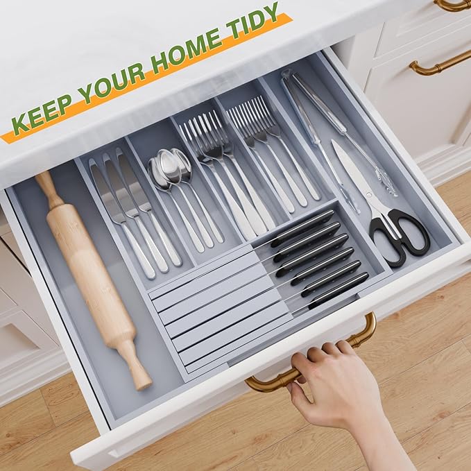 Bamboo Kitchen Silverware Drawer Organizer - Expandable Wood Utensil Holder with Dividers, Luxury Cutlery Storage Tray for Kitchen Utensil and Flatware (5-7 Slots with Removable Knife Block, Grey)