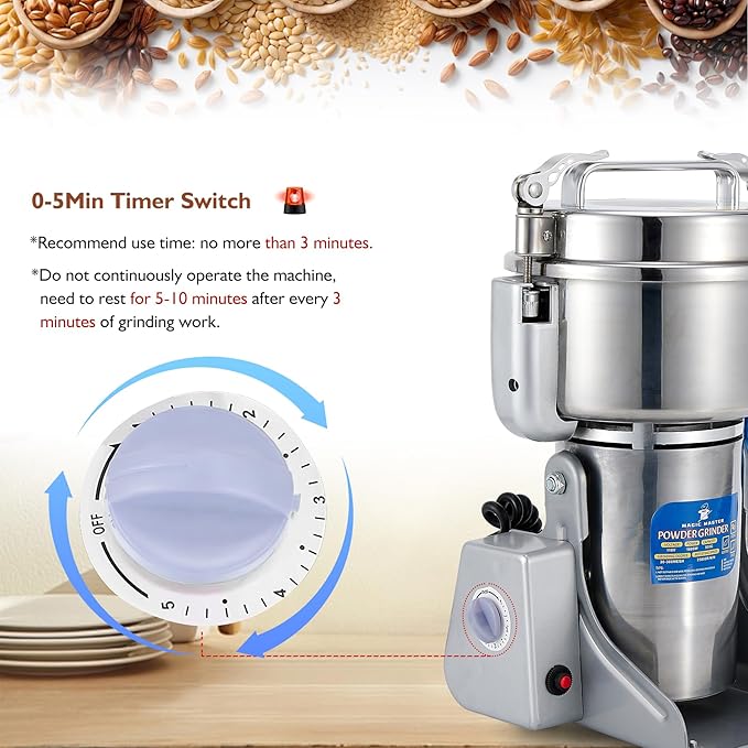 MAGIC MASTER 500g Grain Mill Grinder Electric,High Speed 1800W Commercial Safety Stainless Steel Dry Grinder Machine For Flour Wheat Nut Corn Rice Spice Pepper Herbs Coffee Beans,Swing,110V
