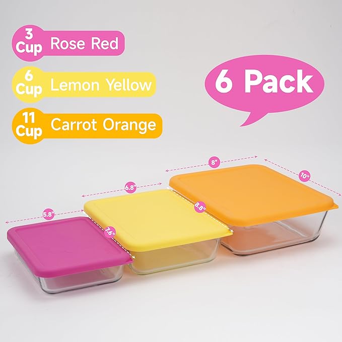 LUVCOSY 3 Cup 6 Cup 11 Cup Rectangle Silicone Storage Cover Lids Replacement for Pyrex 7210-PC, 7211-PC, 7212-PC Glass Bowls, (Container not Included) 6 Pack, Microwave, Dishwasher and Freezer Safe