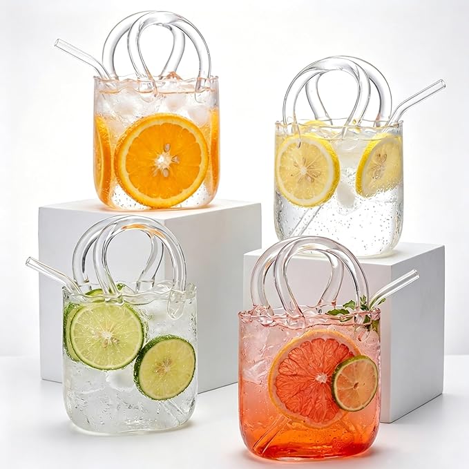 Glass Purse for Drinks Set of 4,24oz Unique Funky Thick Wine Glasses Gifts for Women Party,Fish Bowl Vase,Creative Unique Drinking Glass for Fruit Juice,Tea,Flowers (Bubbled)