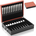 DoubleFill 1 Layer Leather Silverware Storage Box with Lid and Handles, Anti Tarnish Silverware Storage Chest Case with Felt-lined for 12 Sets of Utensils Flatware Gifts, 15.3x11.2x3.6 Inch