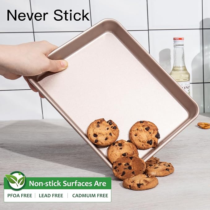 HONGBAKE Toaster Oven Pan Nonstick Set of 2, Premium 1/8 Sheet Pan for Baking, Small Cookie Sheet Tray, Dishwasher Safe and Heavy Duty - Rose Gold