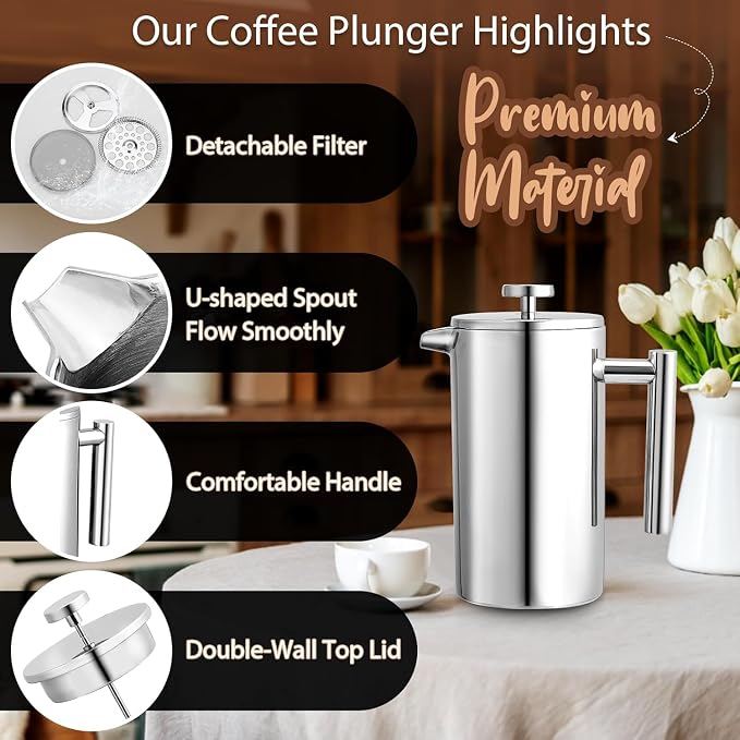Miuly 34oz French Press Coffee Maker Stainless Steel Insulated Coffee Press Stainless Steel French Press 1 Liter (1000ML, Sliver)