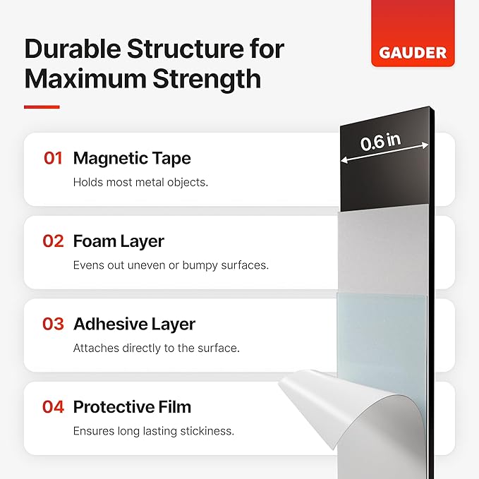 GAUDER Self-Adhesive Magnetic Tape Strong - Foam Adhesive Magnetic Strips for Uneven Surfaces - High Strength Magnet Roll with Enhanced Adhesion and Optimized Force (20 ft x 0.6 in)