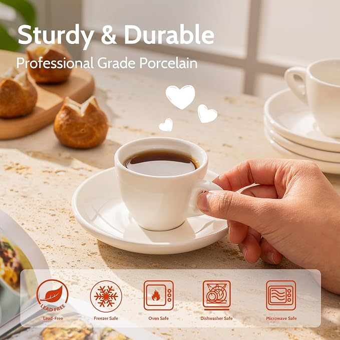Sweese 4oz Porcelain Espresso Cups with Saucers, Set of 6 - Ideal for Espresso, Cappuccino, Latte, Tea - White
