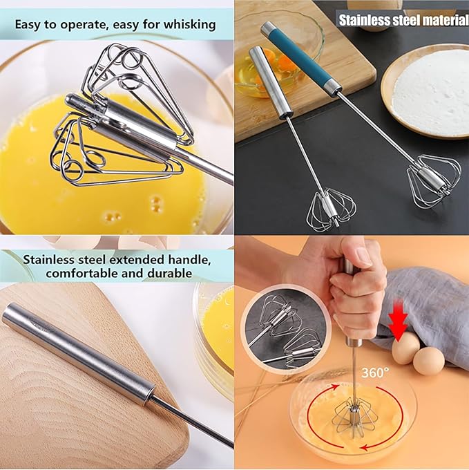 Stainless Steel Semi-Automatic Whisk, 2025 and Mixer Whisks Stainless Steel Egg Whisk Hand Push Rotary Whisks Blender Egg Scrambler Rotating Automatic Eggbeater for Cooking Egg Milk (Blue, 14inch)