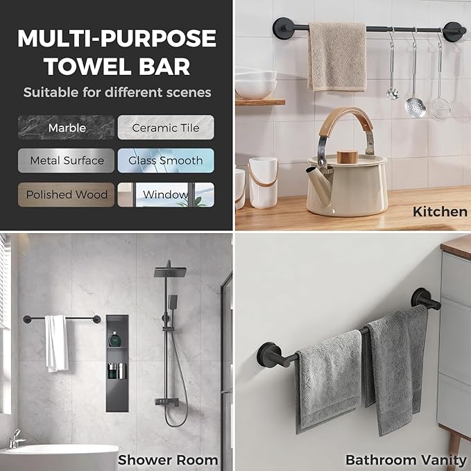 Adjustable Suction Cup Towel Bar for Bathroom Wall,14.6Inch~24 Inch Towel Racks for Bathroom,Stainless Steel Bath Towel Holder for Shower,2 Pack(Matte Black)