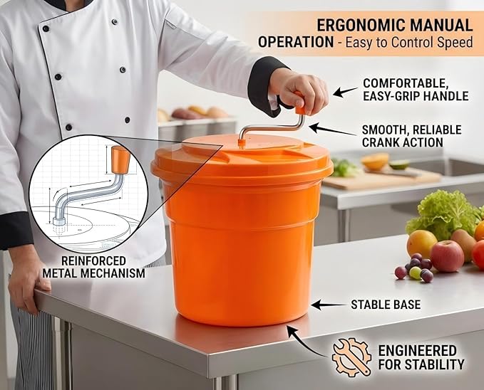 YBSVO 5-Gallon Commercial Salad Spinner – Heavy Duty Large Lettuce Dryer & Vegetable Washer – Manual Food Prep Spinner for Restaurants & Catering (BPA-Free, Holds 5-6 Heads)