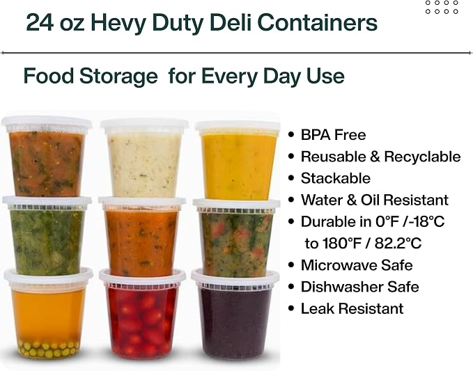 24oz [50 set] Heavy Duty Plastic Deli Container | BPA-Free Food Storage with Airtight Leak‑Proof Lids | Microwave, Freezer & Dishwasher Safe – Stackable, Bulk Reusable Soup & Meal Prep Tub