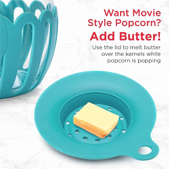 Ecolution Patented Micro-Pop Microwave Popcorn Popper with Temperature Safe Glass,3-in-1 Lid Measures Kernels and Melts Butter,Made Without BPA,Dishwasher Safe,1.5-Quart,Teal,(Pack of 4)