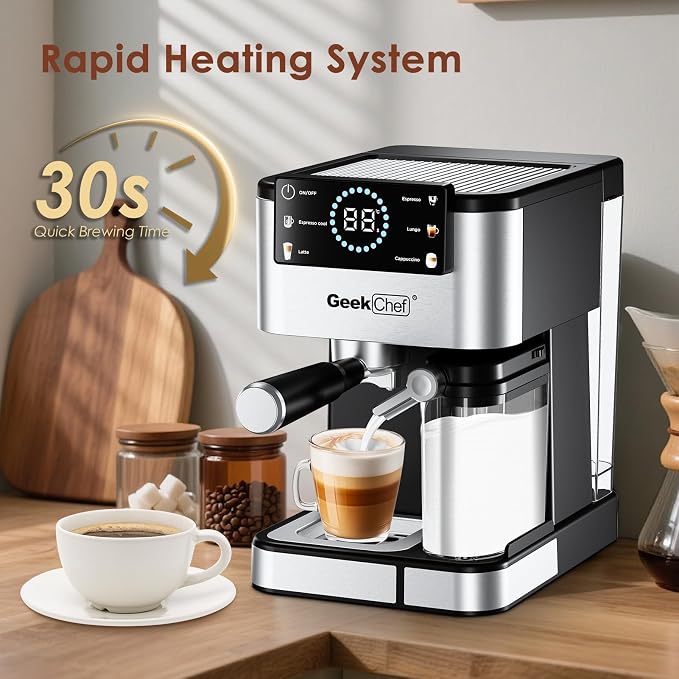Geek Chef Espresso Machine, 20 Bar Espresso and Cappuccino Coffee Maker, Quick Heating Automatic, Latte & Cappuccino Creator, for Home, for Gift to Family, Friends, Coffee Shops