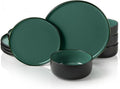 Dinnerware Set, 12 Piece Service for 4, Vase and Vessel, Ceramic 10.5” Dinner Plates, 8.2” Salad Plates and 20 oz Bowls, Stoneware, Somerset Collection (Black/Jade)