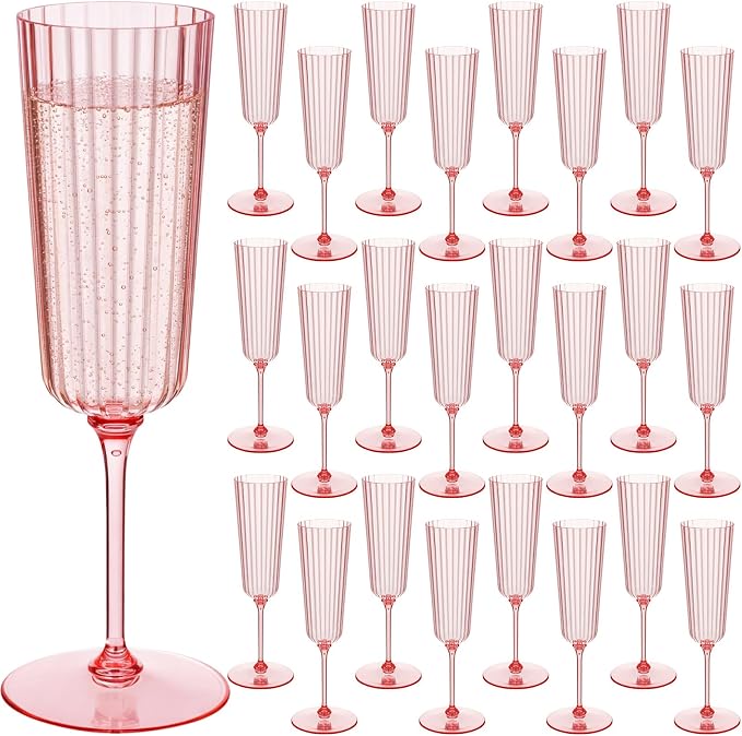Jingmore 24 Pcs Plastic Ribbed Champagne Flutes With Stem, 6.4 oz Clear Vintage Disposable Champagne Glasses for Wedding Birthday Anniversary (Pink)