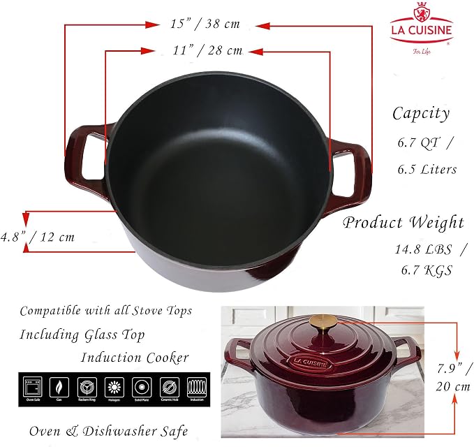 La Cuisine Enameled Cast Iron Dutch Oven Casserole Pot with Lid 6.5 QT 11" /28cm Dia. Internal Matt Black Enamel Coating Gold-Plated SS Lid Handle Oven Safe up to 500° F for bread baking, Cranberry