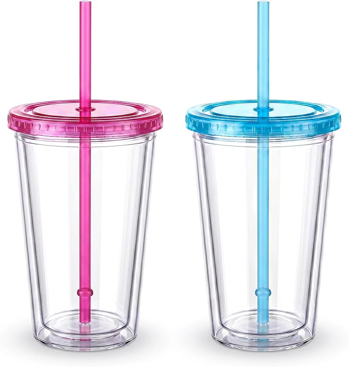 Zukro Clear Tumbler with Lid and Straw 16 oz, Wide Mouth Double Walled Insulated Reusable Acrylic Plastic Iced Coffee To Go Cup for Loaded Tea, Water, Lemonade, Fit in Cupholder, BPA Free, 2 Pack