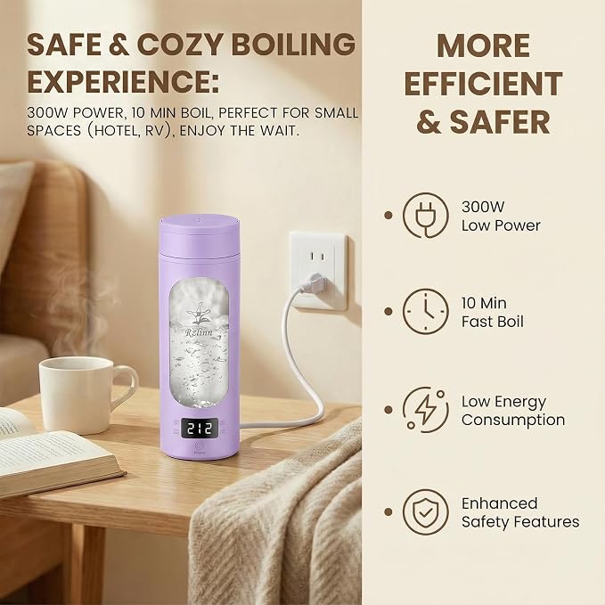 Portable Kettle (120V), Travel Kettle for Business Trips, 316-Grade Stainless Steel, 4 Temperature Settings, with Auto-Shutoff (Purple, 9.05 * 3.15)