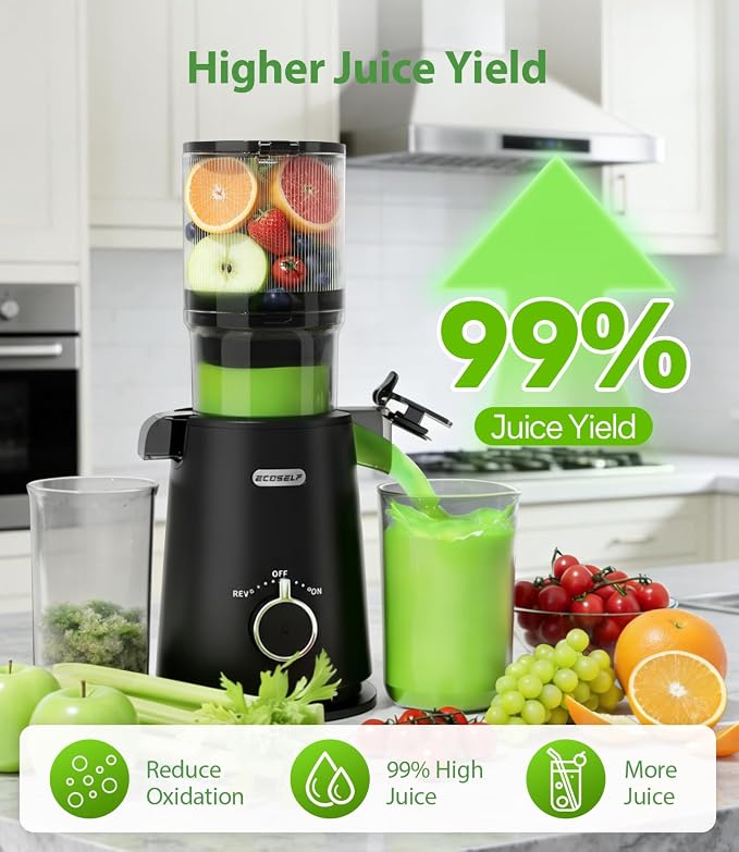 ECOSELF Cold Press Juicer - Wide Mouth Hopper for Fruits & Vegetables & Leafy Greens - Juicer Machines with Self Feeding - Hands-Free Design - Juice Extractor Machine Easy to Clean With Brush