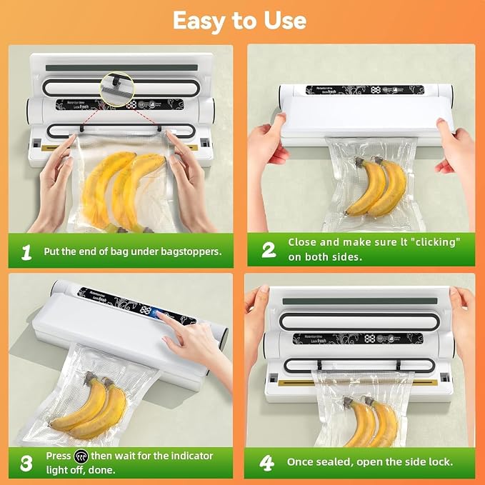Compact Vacuum Sealer Machine, 75KPA Strong Suction, LED Digital Timer Display, Dual Use for Dry & Wet Foods, Includes 20 Bags, Ideal for Home Kitchen Use, White