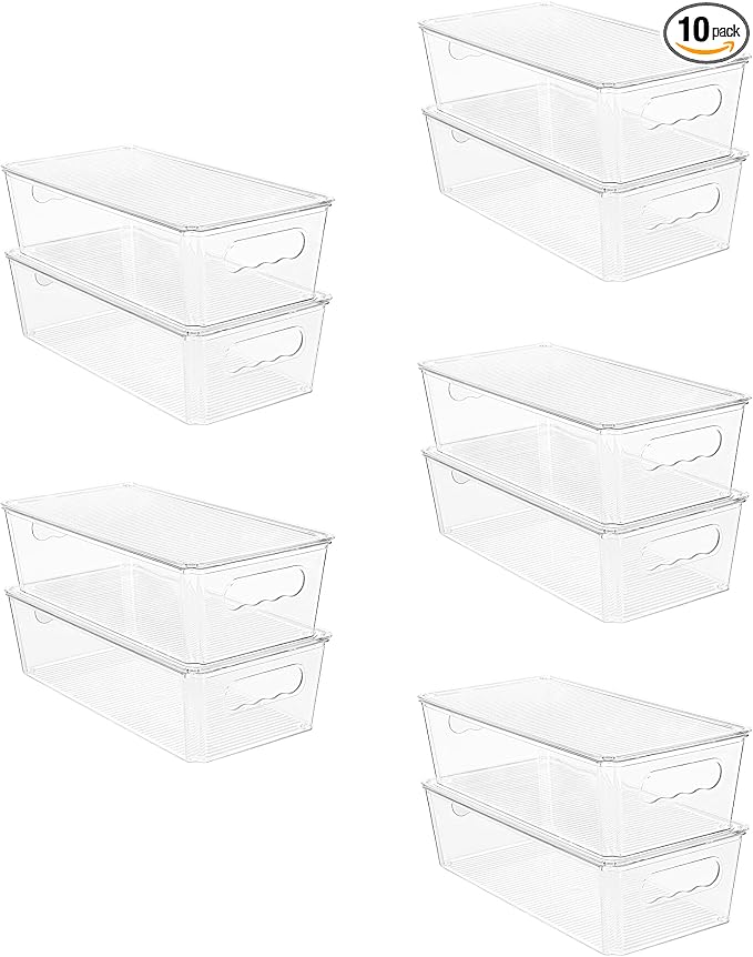 Vtopmart 10pcs Clear Organizers and Storage Bins with Lids, Stackable Plastic Storage Containers with Handles for Fridge, Freezer, Pantry, Cabinet, Kitchen Organization