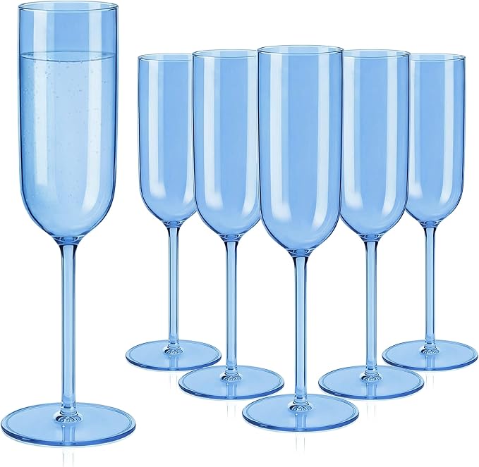 Plastic Champagne Flutes Set, 6oz Unbreakable Champagne Glasses Bulk, Shatterproof Reusable Mimosa Prosecco Sparkling Wine Cups for Wedding Party (Blue, 24pcs)
