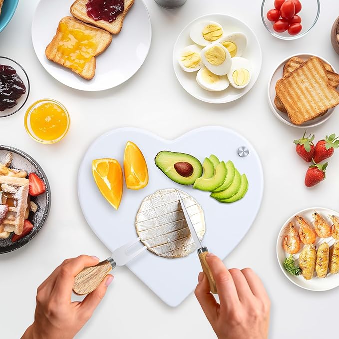 8.2" Valentine Heart-Shaped Acacia Wood Cheese & Charcuterie Board with 360° Rotating Marble Lid and Cheese Utensil Set (Spade, Knife, Fork) - Housewarming, Birthday & Wedding Gift