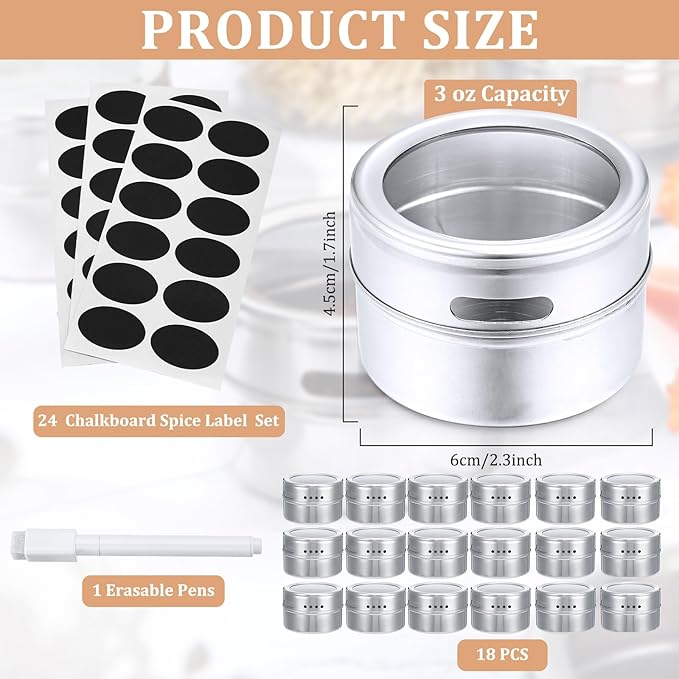CHENGU 18 Pack Magnetic Spice Jars for Refrigerator 3 oz Magnetic Spice Containers Stainless Steel Seasoning Tins with Clear Lid, with Labels Marker and Pens for Grill Kitchen Fridge Rack Travel