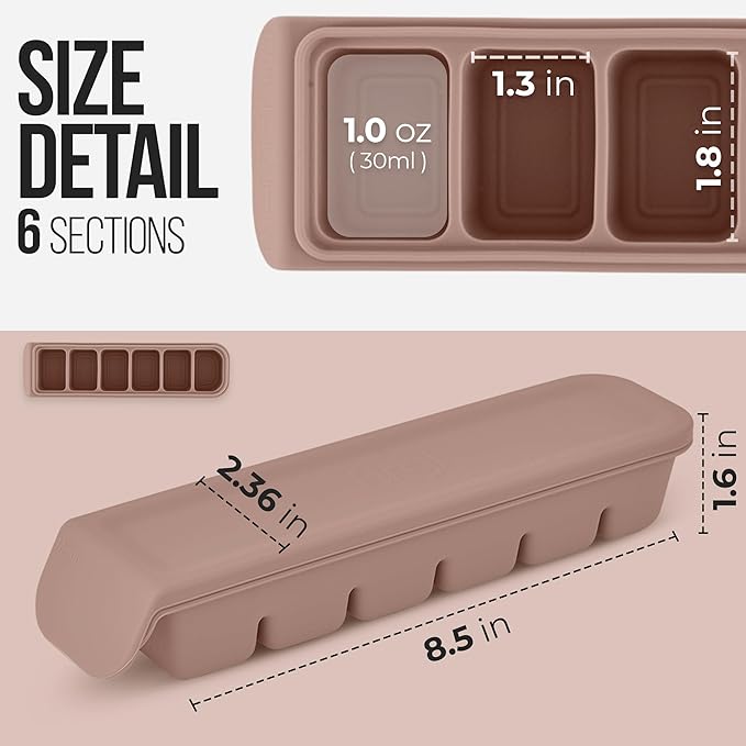 Silicone Ice Cube Freezer Tray with Lid, 100% Food-Grade Platinum Silicone,Leak Resistance & Dishwasher Safe for Baby Food Prep,Breast Milk,Purees - Korean Made (Brown 2-Pack 1 oz/6 Sections)