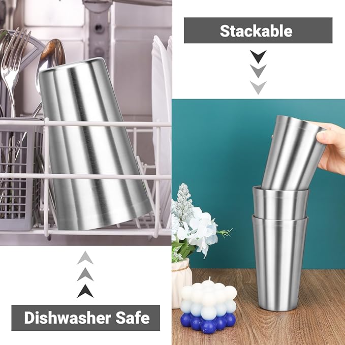 Stainless Steel Cups, 16 oz Insulated Tumbler, 4 Pack Double Wall Unbreakable Stackable Water Tumblers Insulated Metal Cup Premium Drinking Glasses for Travel Camping Home Outdoor