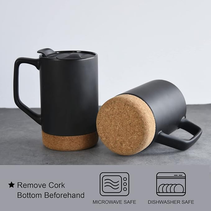 Ceramic Coffee Mug Set of 2, 17 OZ Large Coffee Mug with Removeable Cork Bottom and Splash Proof Lid, Large Handle Coffee Mugs (Matte Black) | Removable Cork Bottom,Splash Proof Lid,Large Handle,For Coffee,Tea,Hot Chocolate