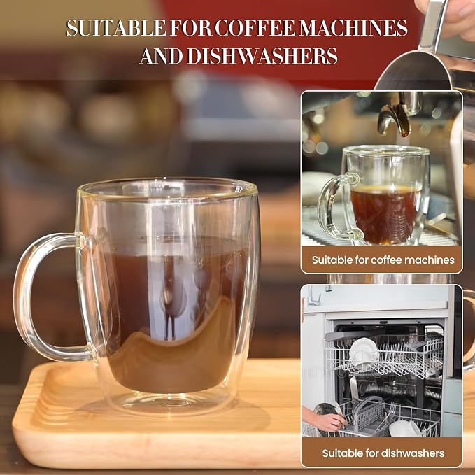 YUNCANG Double Wall Insulated Coffee Mugs, 16 Ounces - Clear Glass, Cappuccino & Latte Cups, Heat Resistant