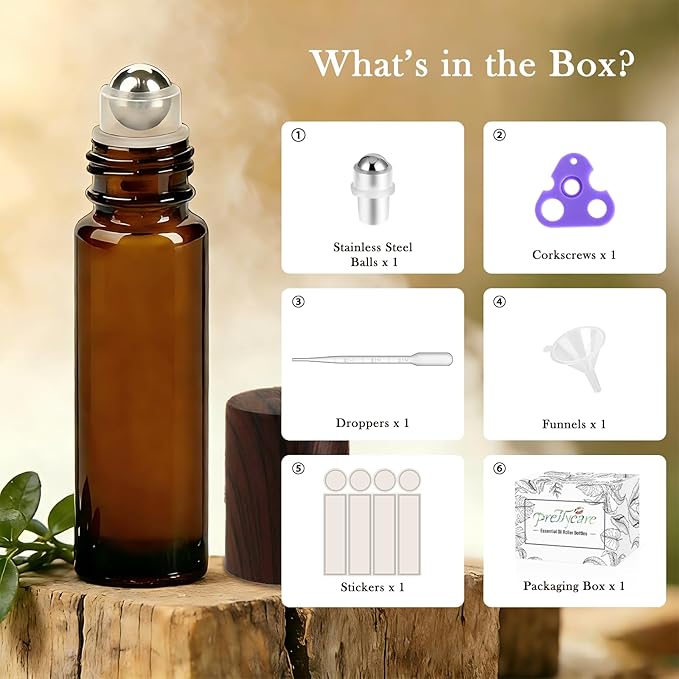 PrettyCare 4 Pack, 10 ml Essential Oil Roller Bottles with Stainless Steel Roller Ball - Refillable Leak-proof Empty Thick Amber Glass Roll on Bottles with Wooden Caps for Travel, Perfume