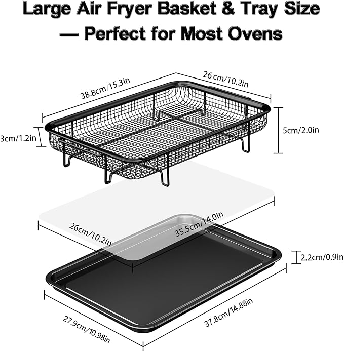 Air Fryer Basket for Oven, Large14.88"×10.98"Air Fryer Pans for Convection Oven with 30 Sheet Parchment Papers, THORSES Non-Stick Stainless Steel Air Fryer Basket and Tray for Multi Cooking - Black
