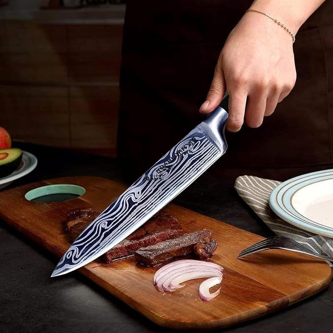 15pc Professional Stainless Steel Knife Set with Wooden Block - Damascus Knife Set for Chefs, Family, Housewarming, Wedding Gift