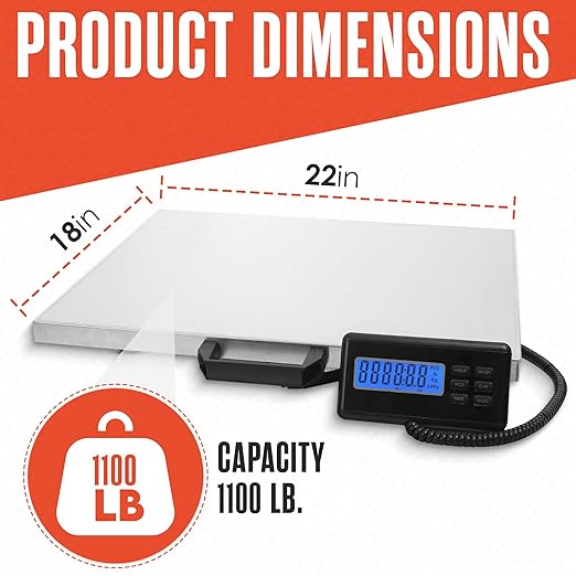 Houseables Shipping Scale, Platform Scale, Industrial, Heavy Duty, 1100 LB, Weight Machine for Luggage, Packages, Postal, Floor, Commercial, Package, Business, Weighing, Large Platform, Digital, 22x18