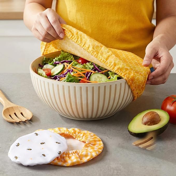 Patelai 10 Pcs Bowl Covers Reusable in 5 Size Stretch Cloth Fabric Elastic Food Storage Bowl Covers Bread Sourdough Lids for Proofing Food Fruits Leftover (Yellow, White,Bee Style)