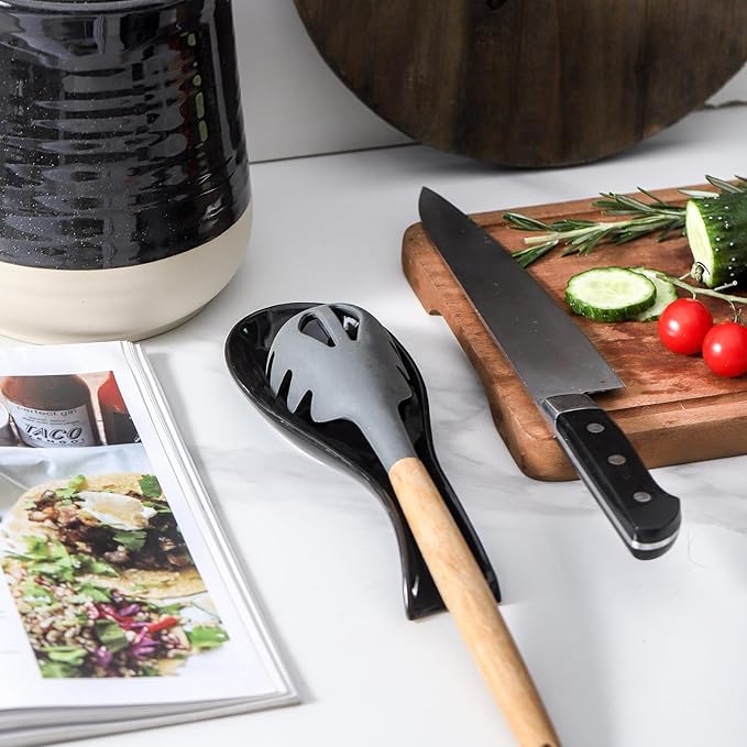 Ceramic Spoon Rest for Stove Top, Large 8.7 Inch Spoon Holder for Kitchen Counter, Porcelain Utensil Rest for Ladle, Spatula, Housewarming Gifts, Dishwasher Safe and Heat-Resistant, Black (1 PC)