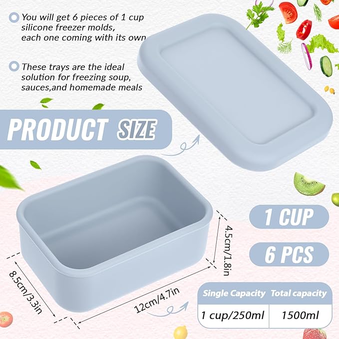 Teenyyou 6 Packs 1 Cup Silicone Soup Freezer Molds with Lid Silicone Soup Freezer Trays Rectangle Reusable Food Preserving Tray Freezing Sauces Stews(Multiple Color)