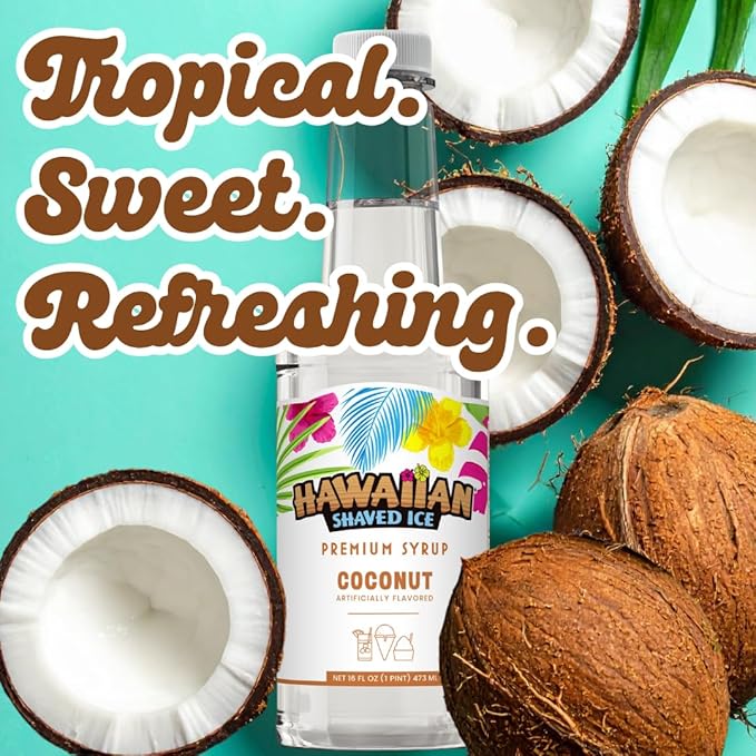 Hawaiian Shaved Ice Coconut Syrup - Nut Soy Dairy Free - Flavor Fluffy & Crunchy Snow Cones - Shelf Stable - Makes 8 Servings - 16 ounces
