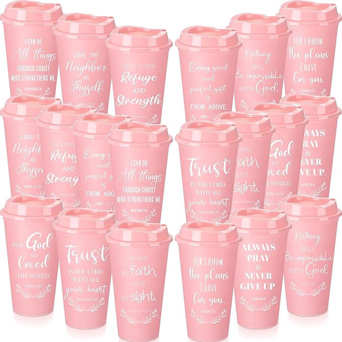 Skylety 20 Pack Bulk Christian Gifts for Men Women 16oz Reusable Bible Verse Tumbler Plastic Coffee Cup with Lid Inspirational Religious Church Gift for Teacher Graduation Party Favor (Pink)
