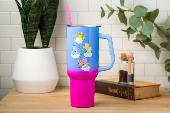 Silver Buffalo Care Bears Featuring Grumpy Bear, Funshine, and Love-A-Lot Bear Heart Showers Ombre Double Walled Stainless Steel Tumbler with Handle and Straw, Fits in Standard Cup Holder, 40 Ounces