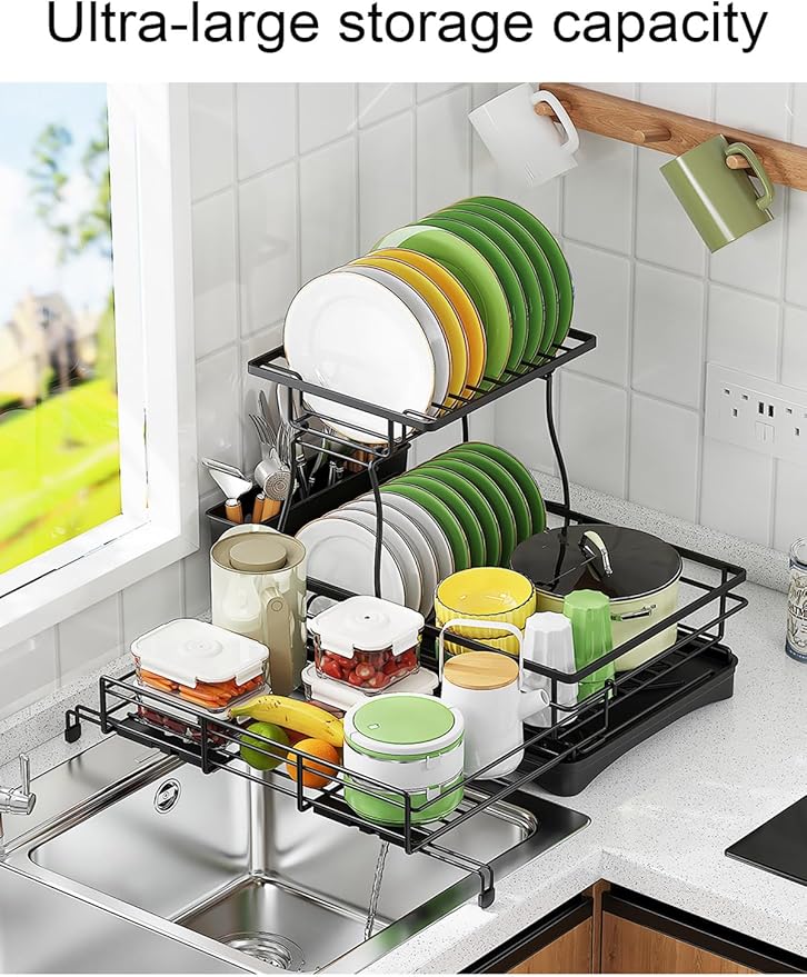 Over The Sink Large 2 Tier Dish Drying Rack Expandable,Dish Drainers for Kitchen Counter,Rustproof Utensils