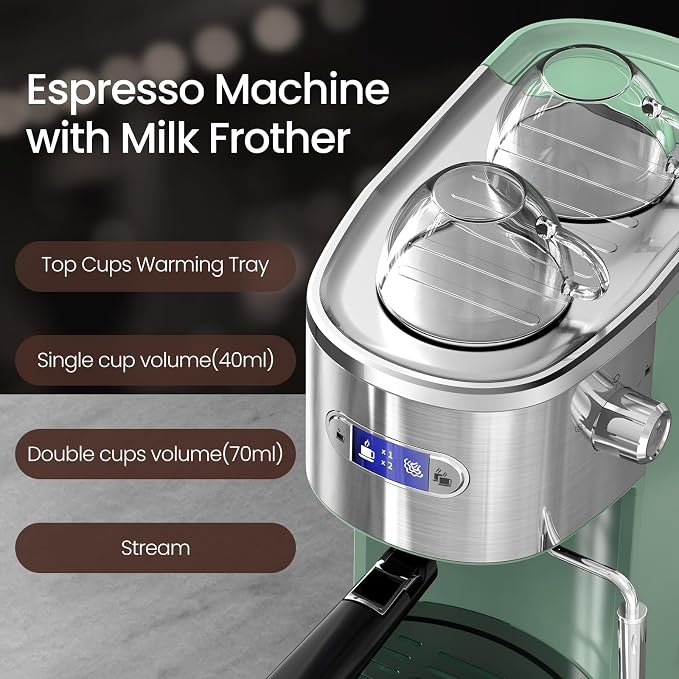 Electactic 20 Bar Espresso Machine, Professional Stainless Steel Coffee Maker with LCD Display, 45oz Removable Water Tank, Home & Office Espresso Maker for Cappuccino Latte Macchiato, Green